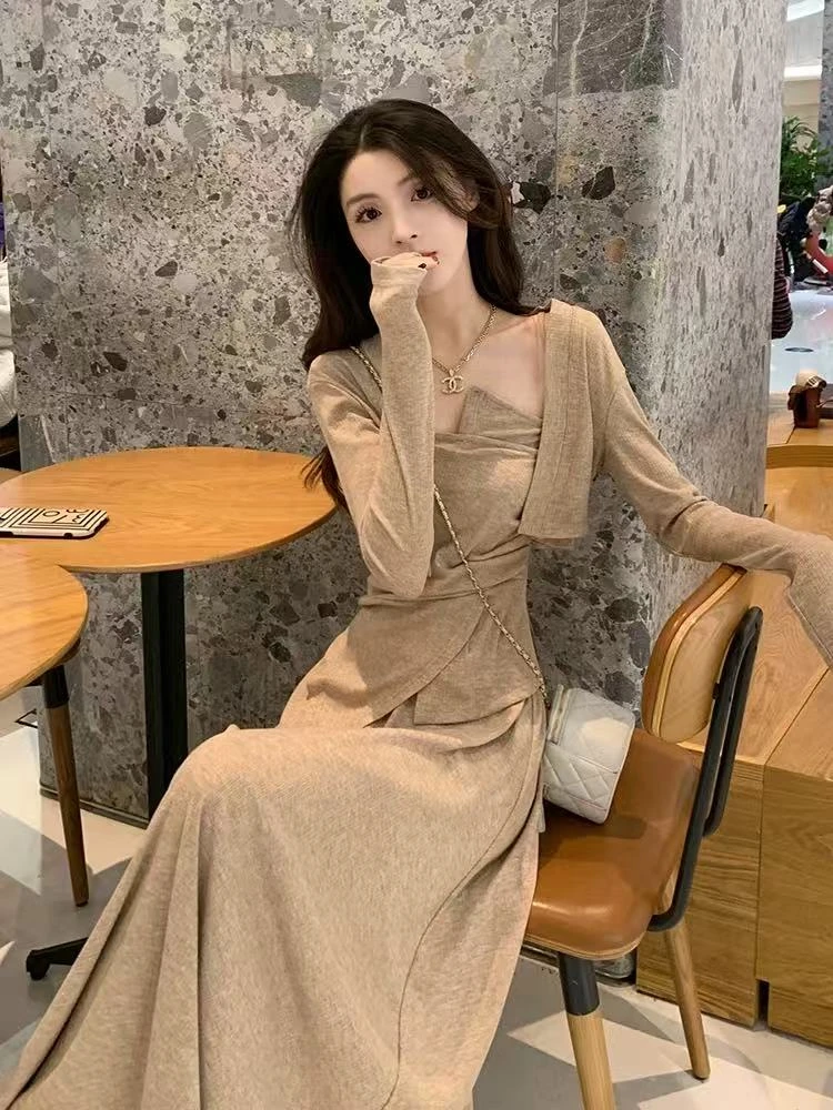 穿搭套装女小个子韩系减龄网红炸街披肩吊带半身裙三件套显瘦
