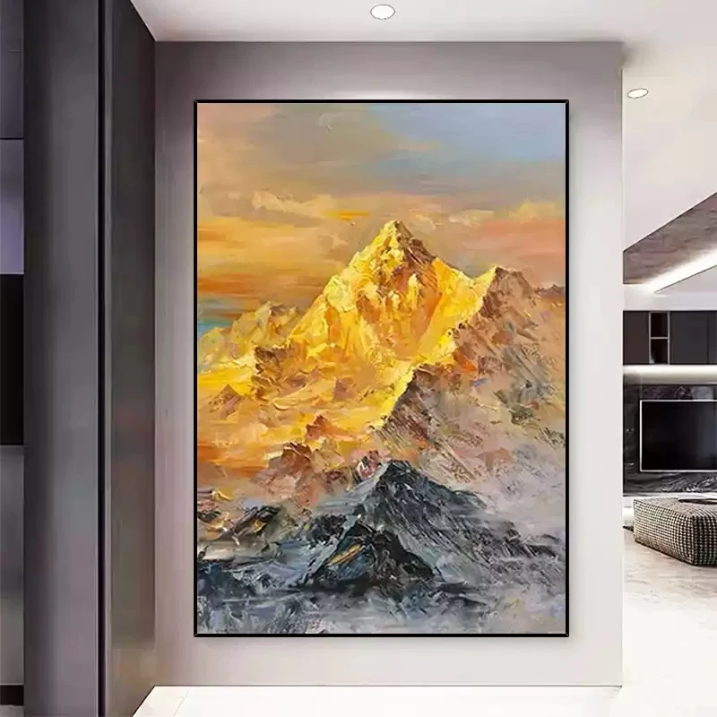 手绘油画《日照金山》玄关挂画客厅沙发背景装饰画肌理中式壁画