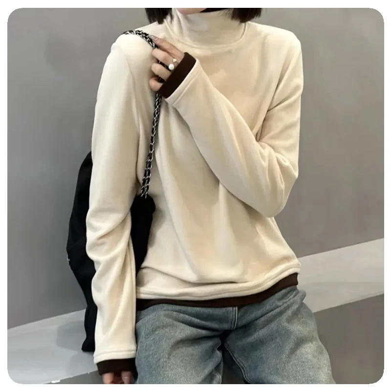 2025春秋新款保暖高领打底衫女洋气减龄拼色假两件长袖显瘦女上衣