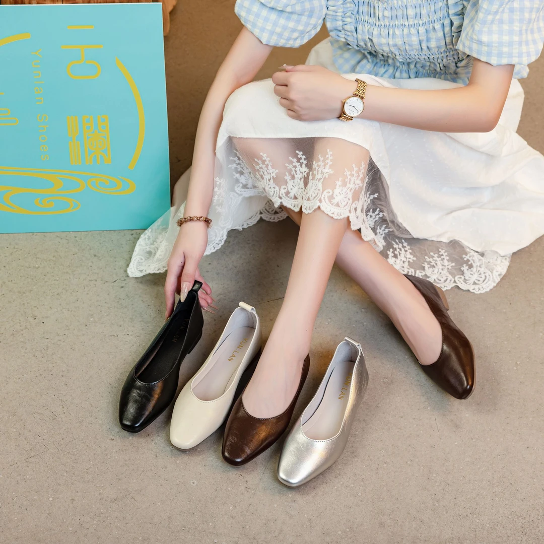 2025夏季新款软皮软底气质百搭浅口单鞋舒适时尚复古方头低跟1667