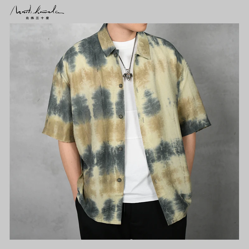 北纬三十度原创设计师男装夏季时尚扎染泼彩休闲宽松凉感短袖衬衫