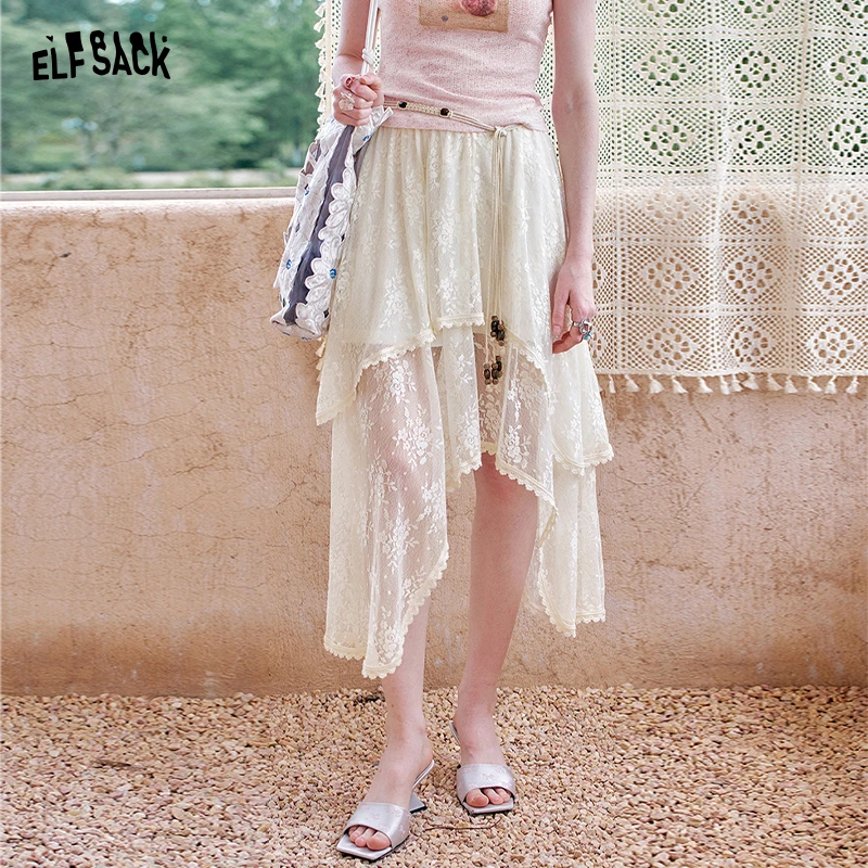 妖精的口袋米色蕾丝不规则半身裙女2025年夏季新款波嬉风中长裙子