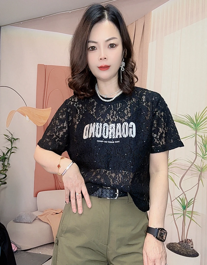 韩熙家夏季新款高级感亮片字母蕾丝短袖T恤女士设计感时尚百搭