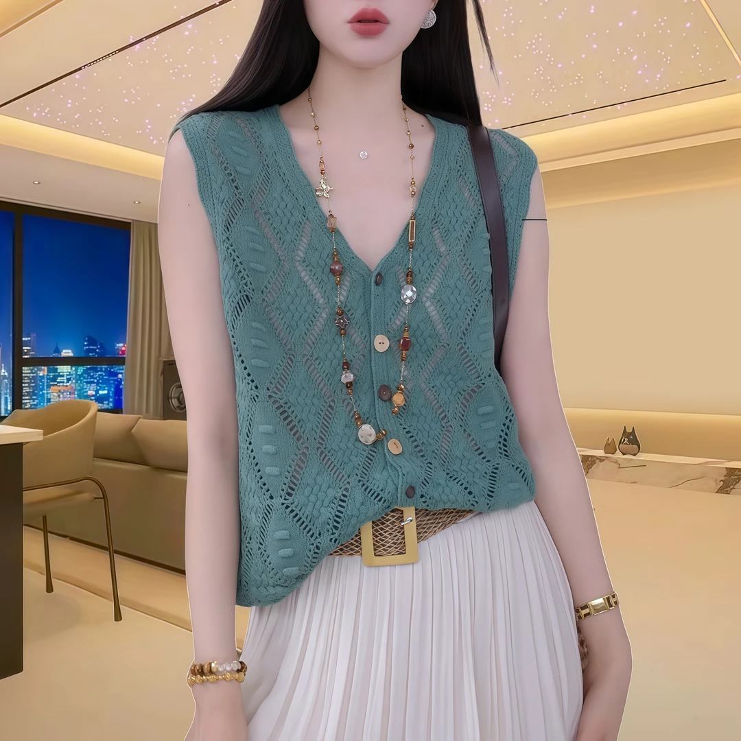 无袖上衣度假背心马甲镂空针织开衫女款外穿洋气高级感2025新款