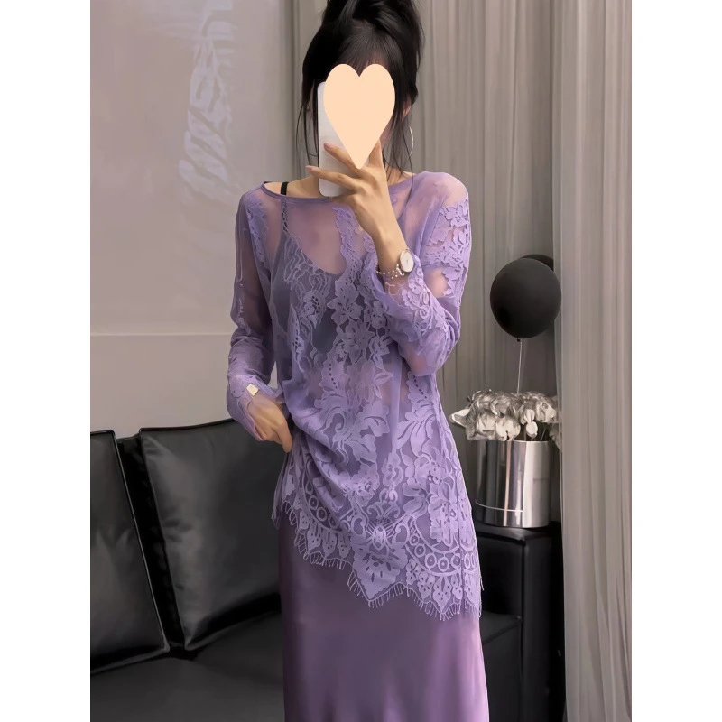 法式浪漫气质女春夏时尚气质减龄高级感中长半身裙蕾丝衫两件套装