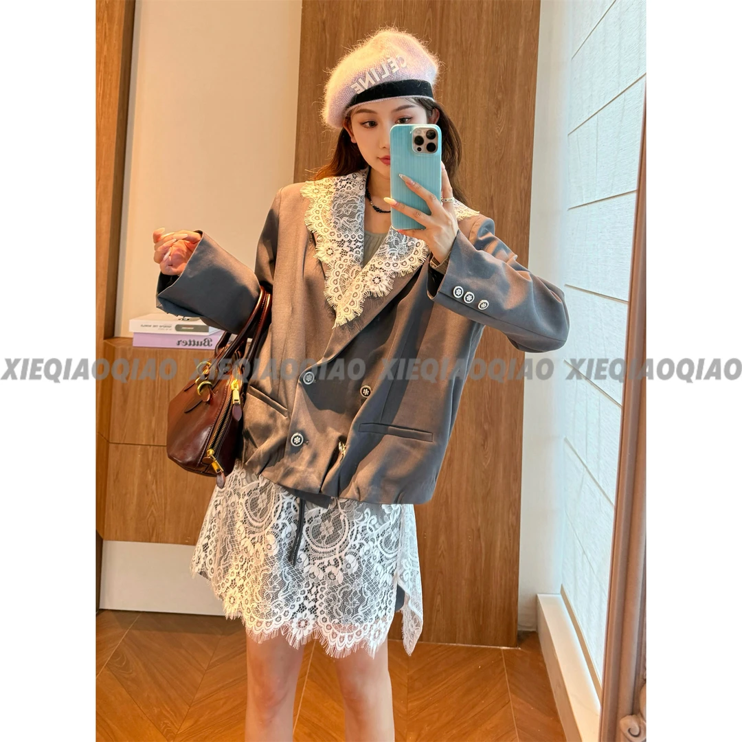 谢荞荞「杂志主编」早秋季新款拼接蕾丝机车领宽松西装外套