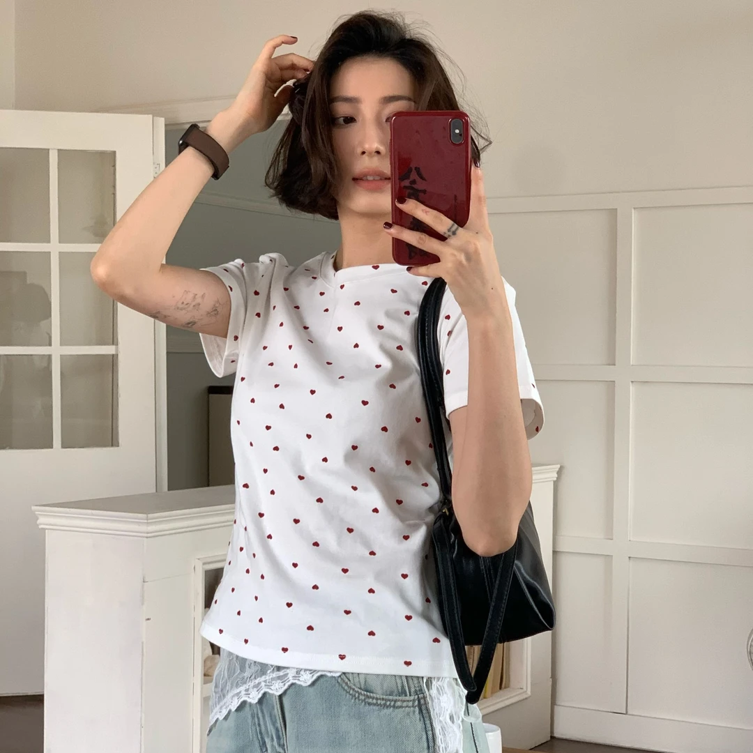 ［爱心波点］复古正肩修身弹力减龄休闲百搭短袖 T恤  1610