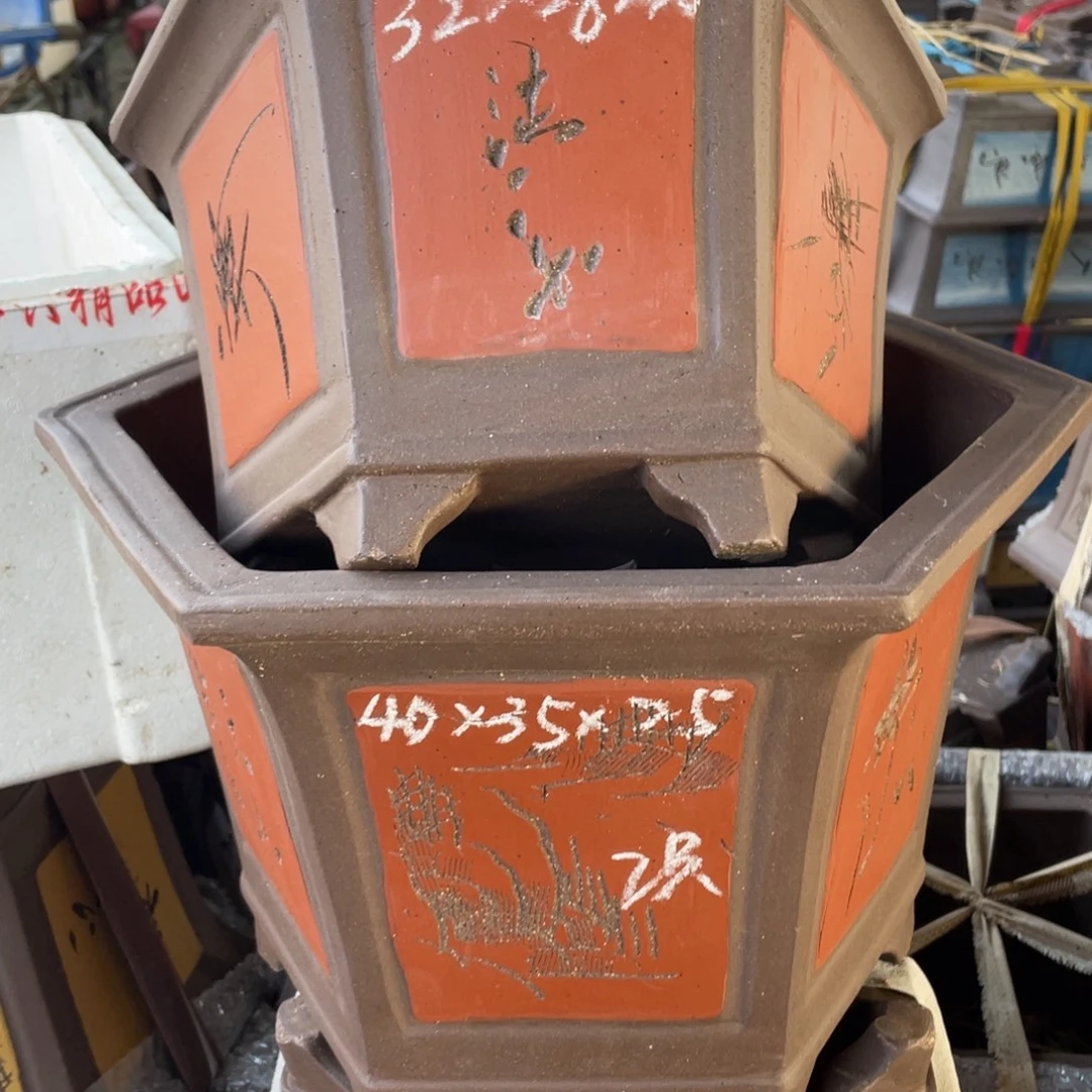 一套两只紫砂六角手工盆