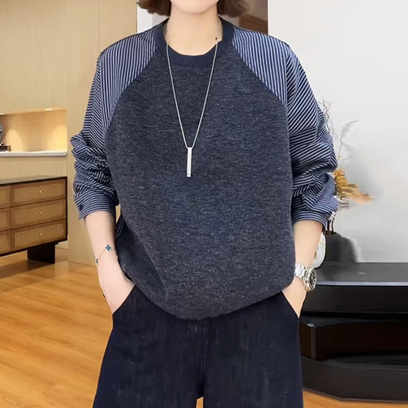 韩版设计感拼接撞色假两件衬衫女早秋通勤减龄慵懒风显瘦圆领上衣