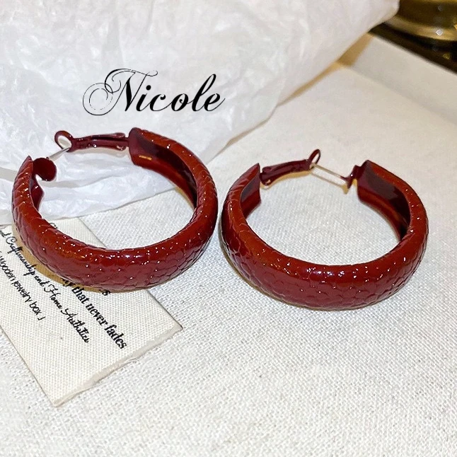 铜合金耳饰 安可拉红肌理感大圆环耳扣时尚女款耳环气质百搭红色