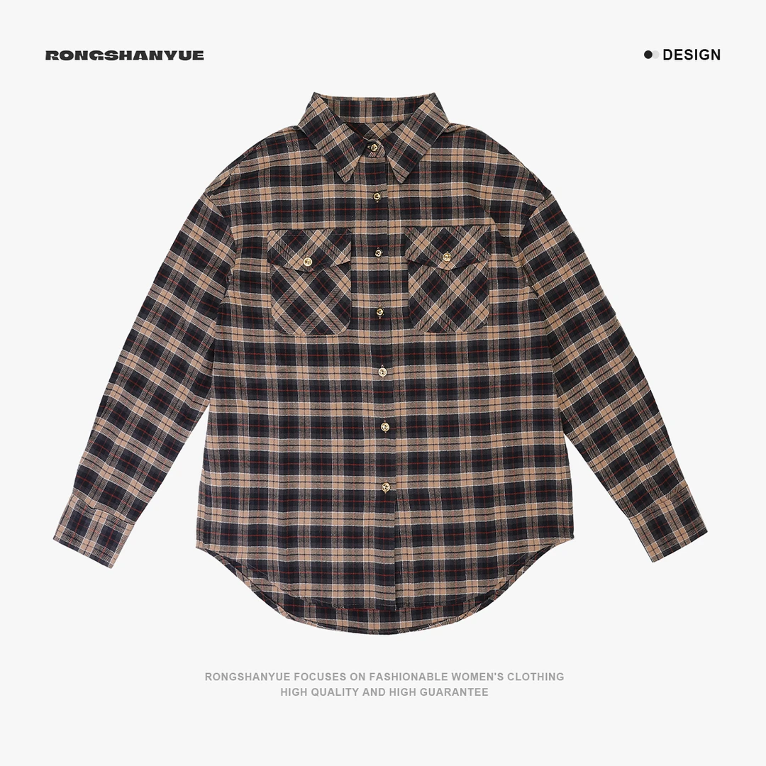 Rongshanyue美式复古重磅格子长袖衬衫翻领衬衣宽松上衣女4063
