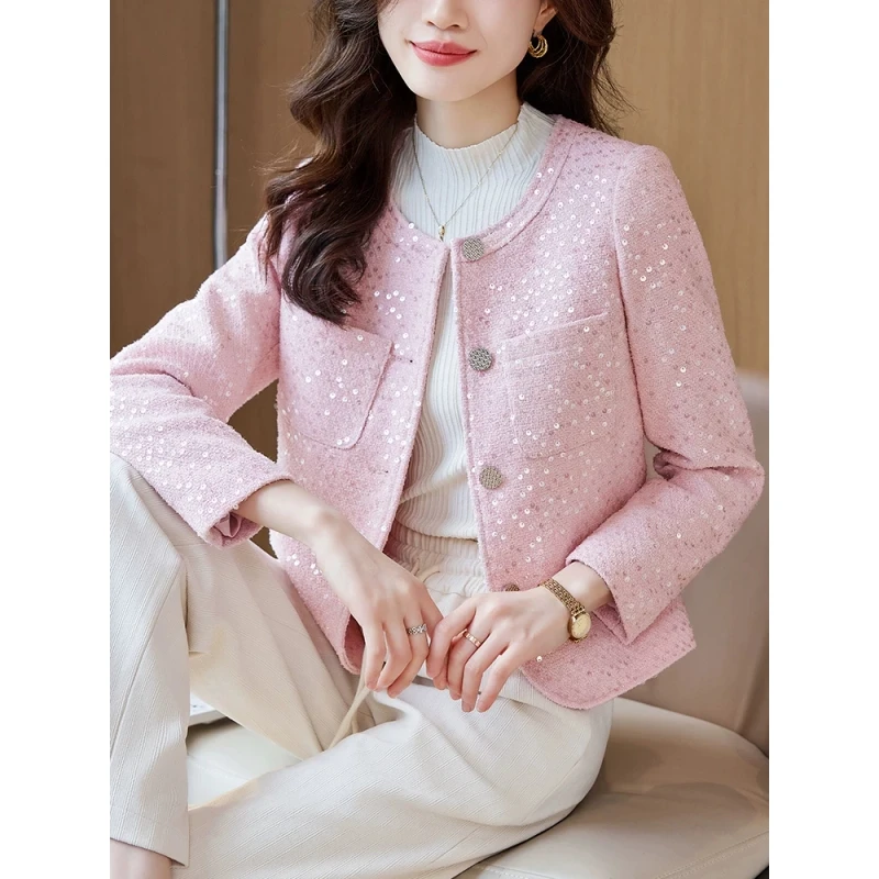 粉色短款小香风外套女春秋2025新款高级感小个子气质圆领亮片上衣