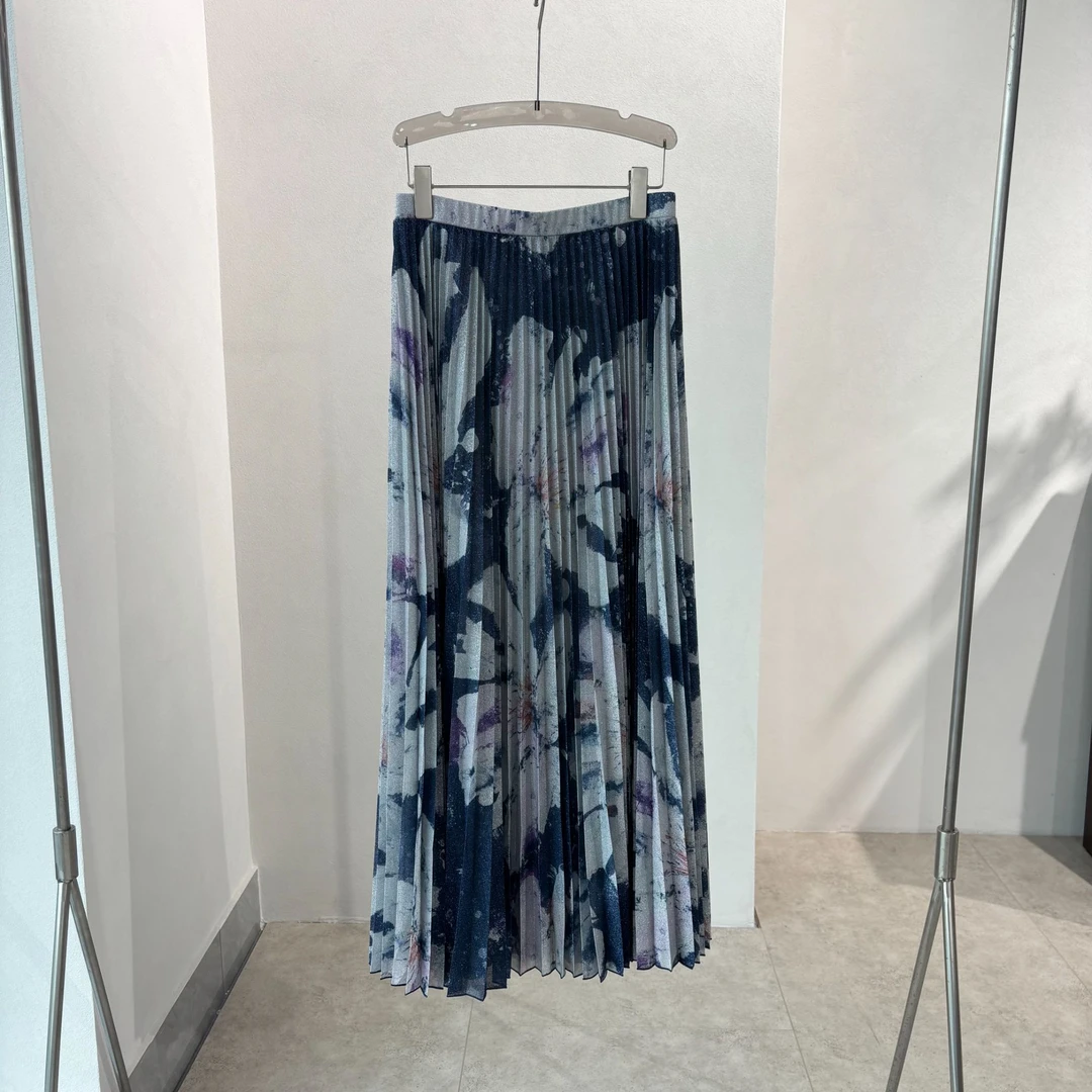 【特价】CBQ4782 意大利客人订单 金银丝纯色印花百褶裙半身裙