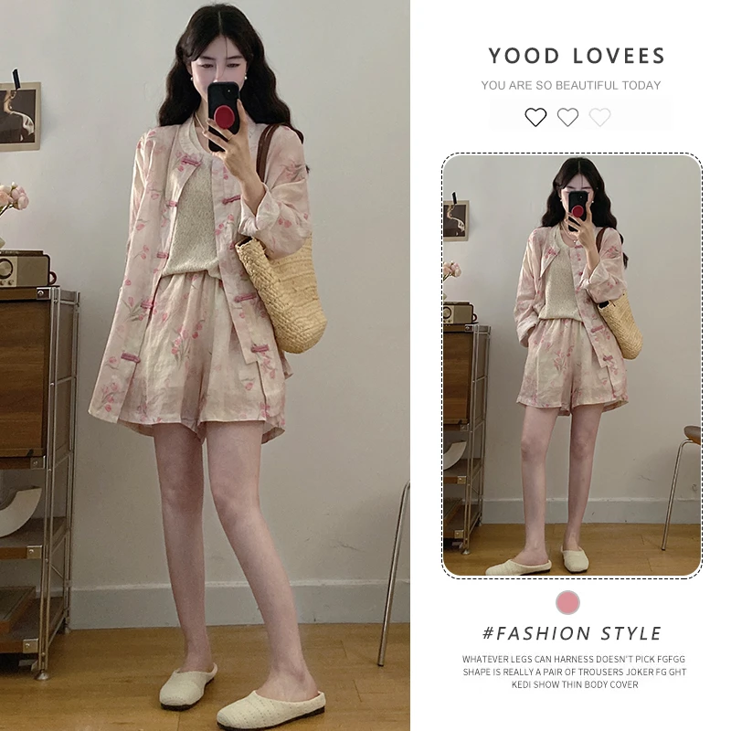 新中式国风套装女夏季2025别致气质时尚盘扣印花衬衫短裤两件套潮