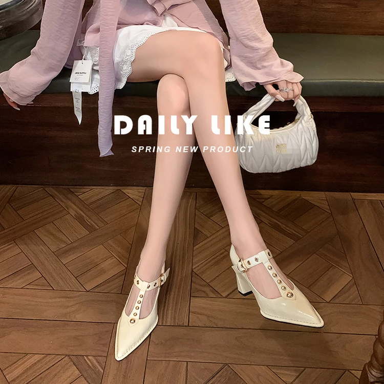 手工真皮浅口单鞋粗跟百搭复古法式尖头优雅小众玛丽珍鞋高跟鞋