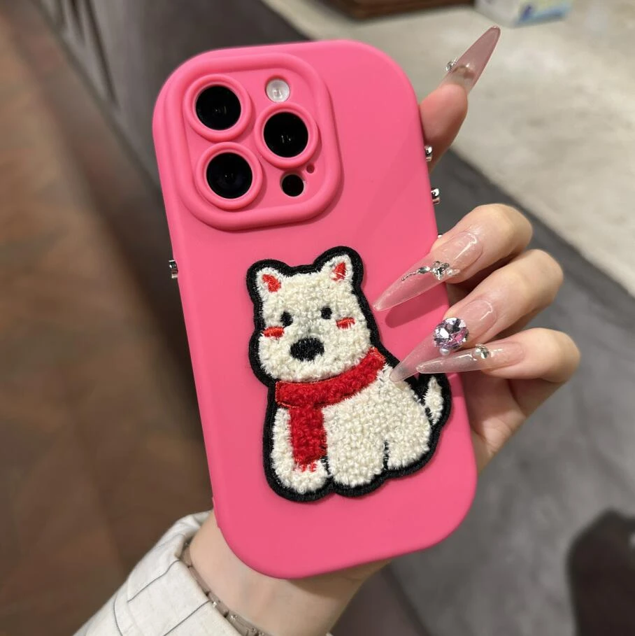 纯色悬浮按键刺绣西高地适用iPhone16promax手机壳苹果15pro/14女