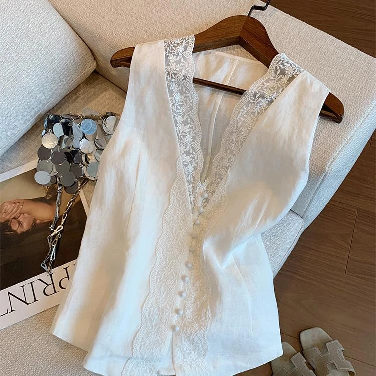白色蕾丝拼接亚麻v领无袖上衣女夏新款时尚法式气质温柔显瘦背心