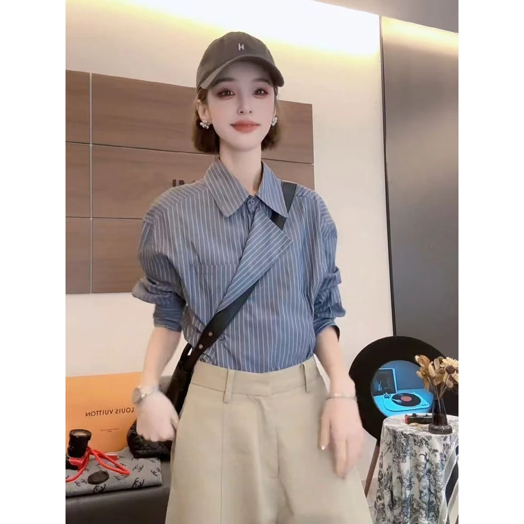 小众设计感不规则条纹衬衫2025早秋新款长袖别致宽松小个子上衣潮