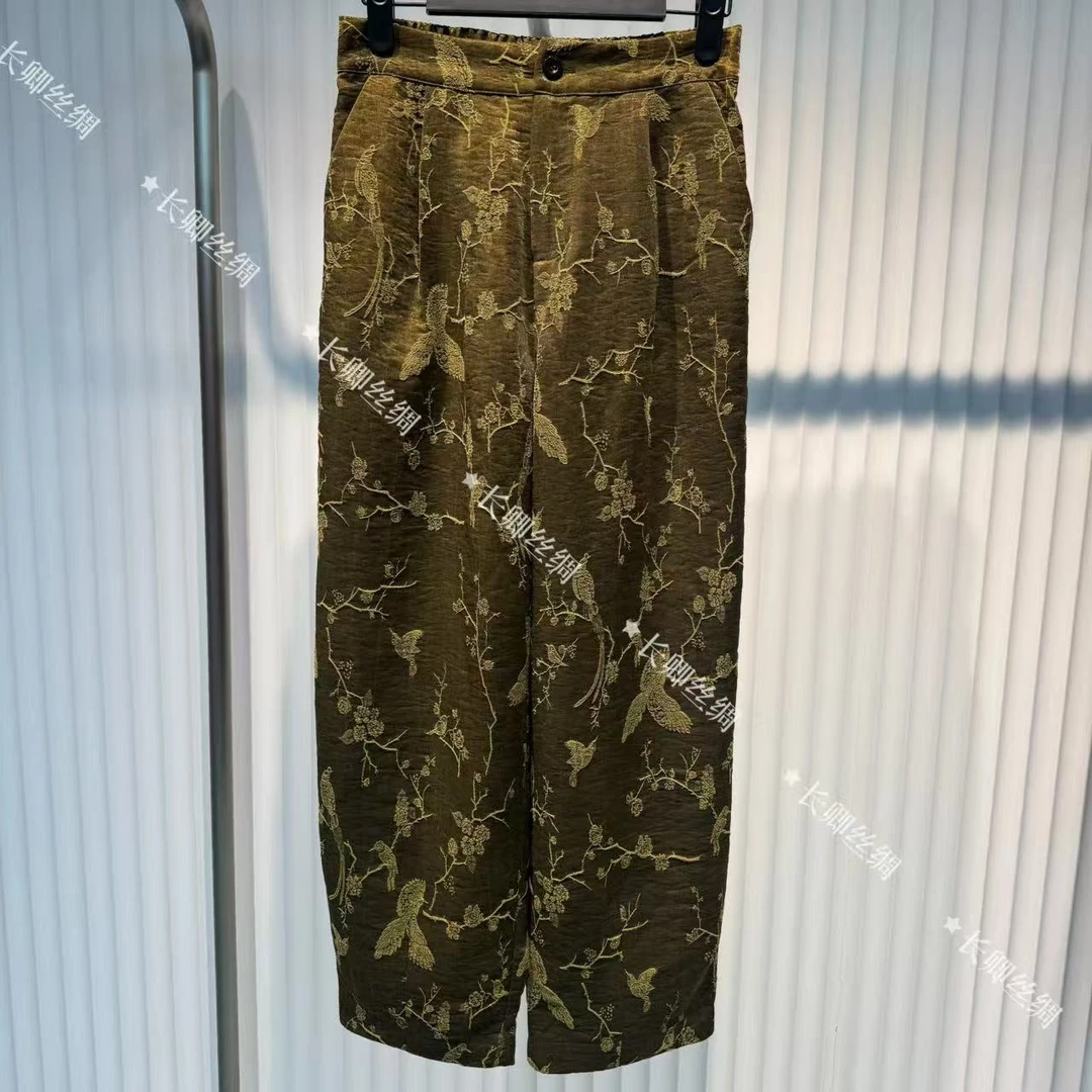 【青青】新中式国风真丝油丝春季女宽松高级松紧腰感女裤D729