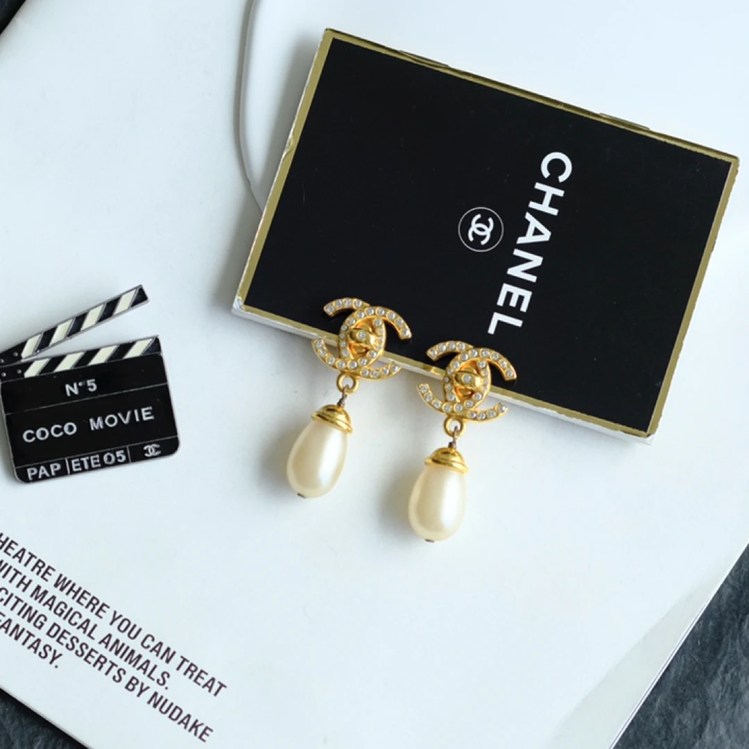 95新 Chanel/香奈儿 泡泡中古Chanel金色水钻书包扣耳夹