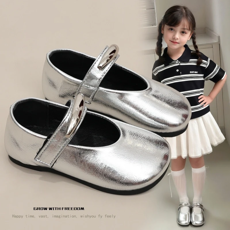 ABC 女童时尚小皮鞋2025年春秋新款儿童银色软底防滑公主鞋单鞋潮