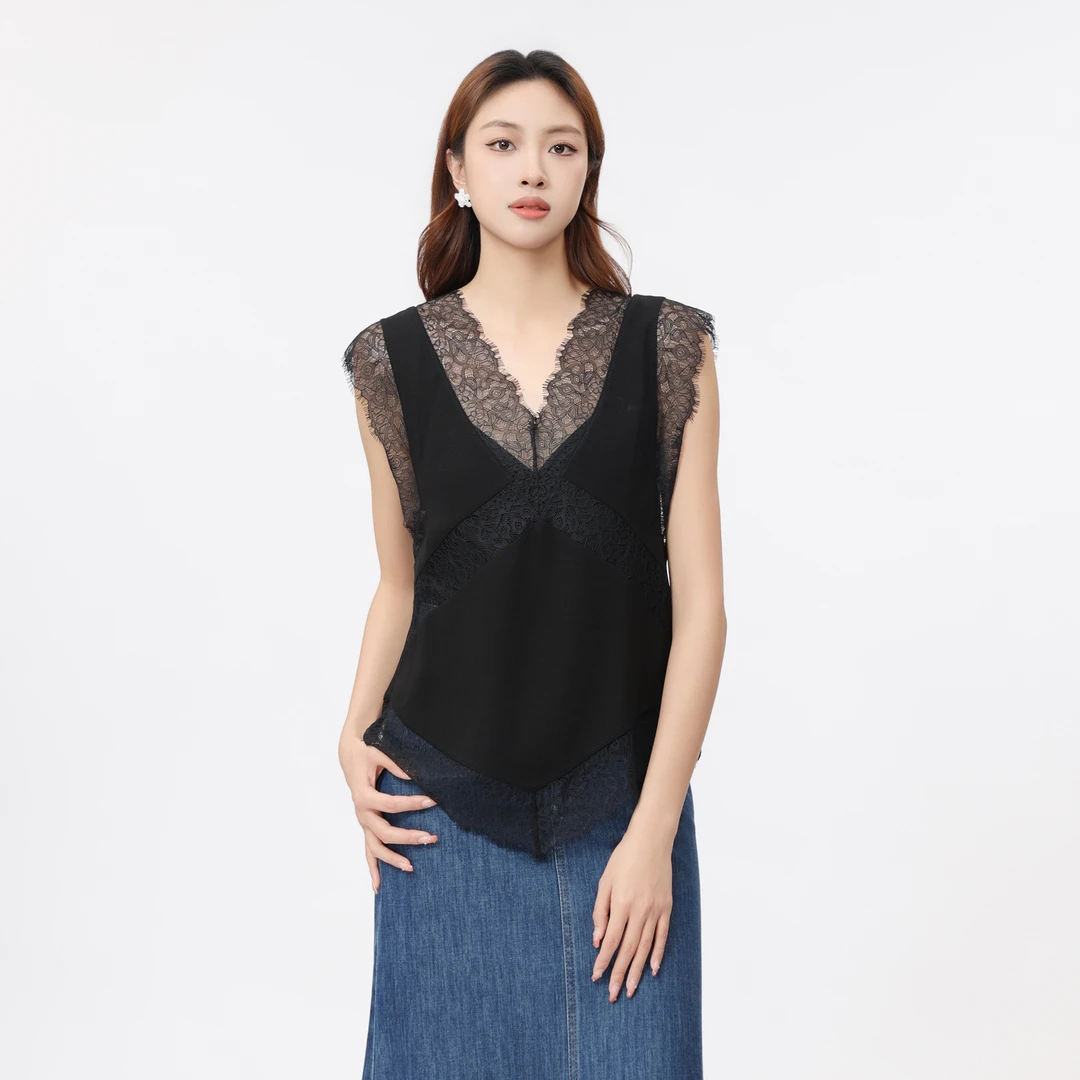 AMASS/阿玛施夏季蕾丝上衣轻奢法式镂空无袖显瘦拼接背心5300598