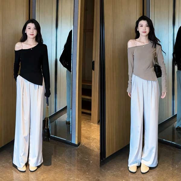 春季露肩不规则设计感修身显瘦上衣+高腰阔腿裤套装