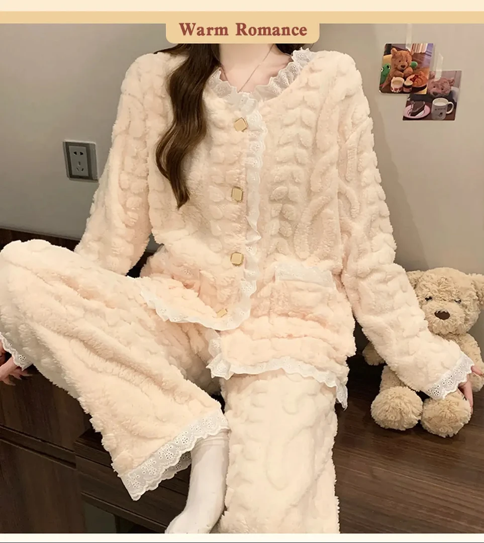 冬季提花绒加厚公主风花边睡衣家居服长袖套装小香风气质时尚