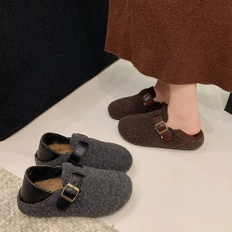 复古圆头毛毡加绒勃肯鞋女加绒秋冬季一脚蹬保暖棉瓢鞋毛呢乐福鞋