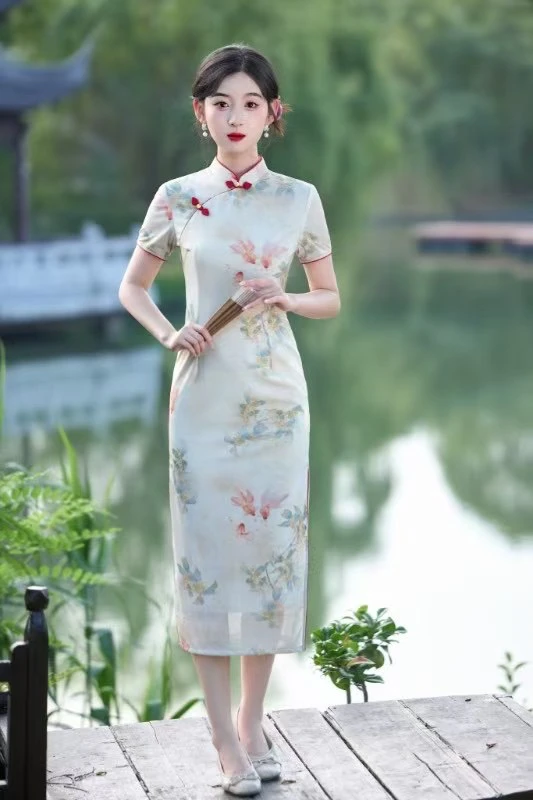 锦鲤修身单旗袍森系风新中式网红旗袍气质日常双层