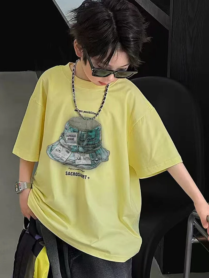 夏季休闲宽松印花帽子水钻短袖2025新款男童T恤ins洋气时尚百搭