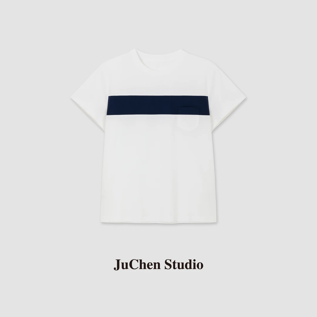夏季休闲極简撞色视觉分割设计感口袋显瘦短袖T恤 SS034009