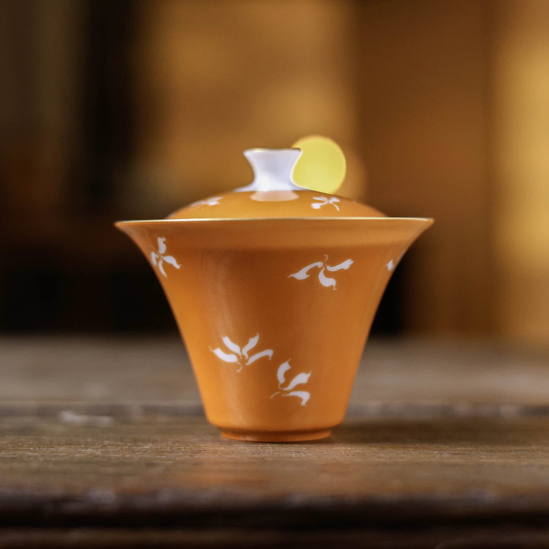 斋居 矾红剔花马蹄盖碗-90ml（外山S0215）