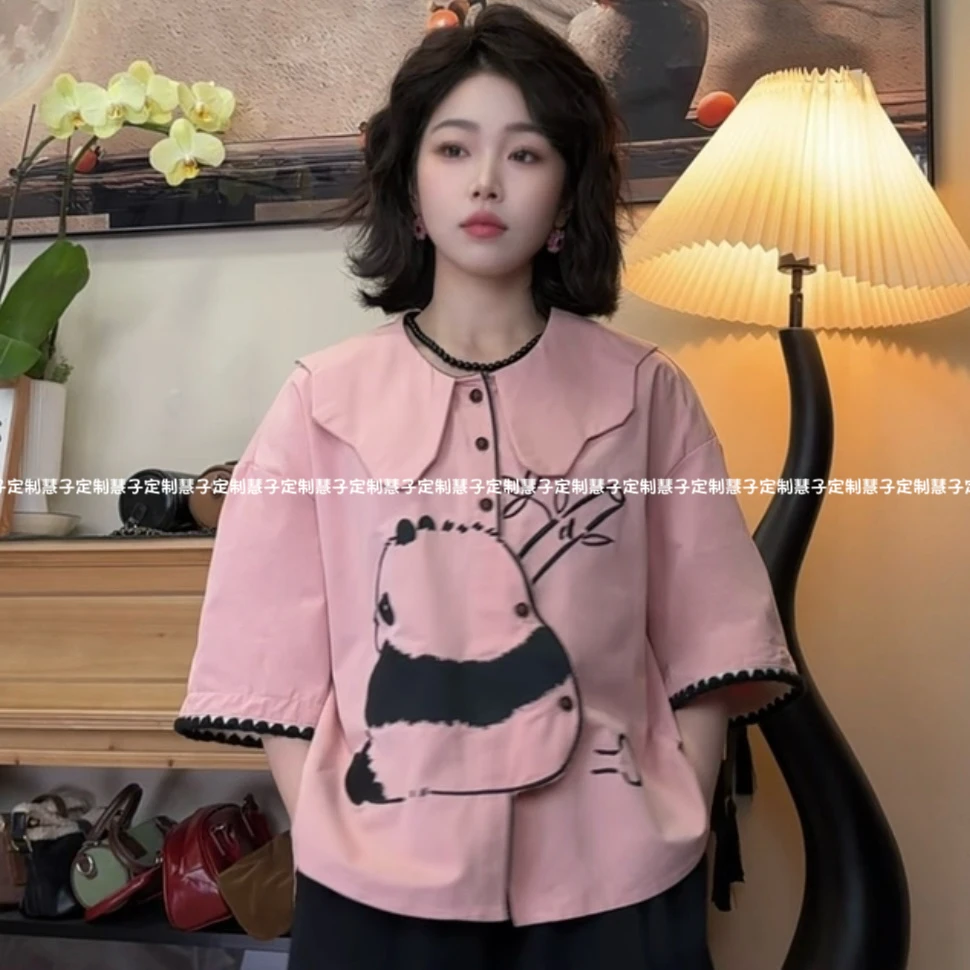 HZ“粉色回忆”原创新款粉色云朵领重工立体刺绣新中式短袖衬衫