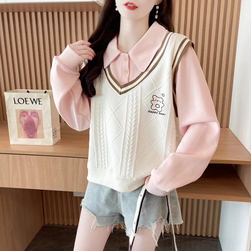 小个子卫衣女春秋2024新款小熊翻领宽松韩版长袖薄款外套上衣ins