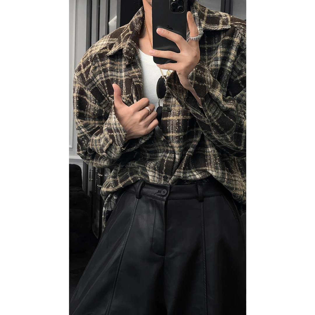 龙叨叨秋冬新品潮流复古小香风格子设计感翻领宽松百搭毛呢衬衫