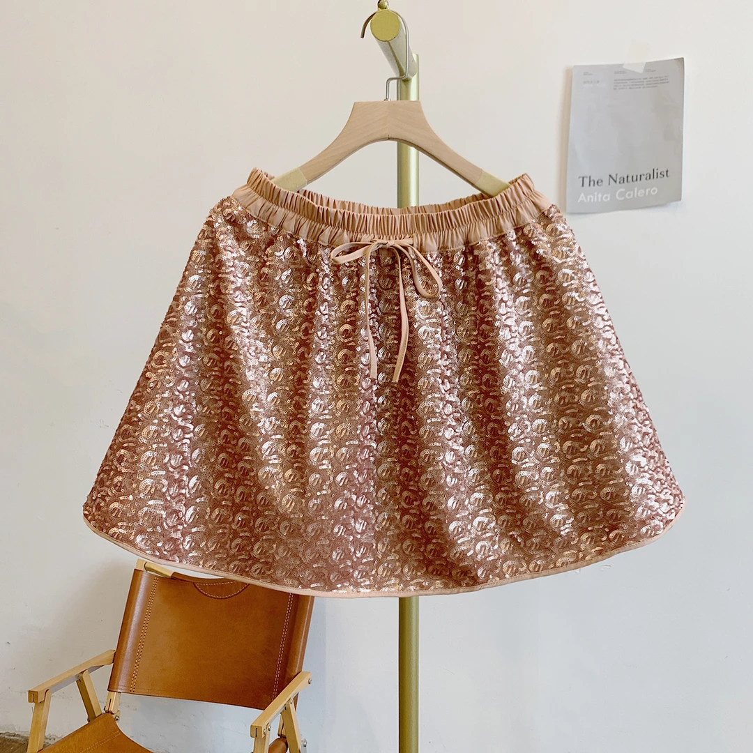 亮片裙MNY2654亮片松紧腰系带宽松短裙
