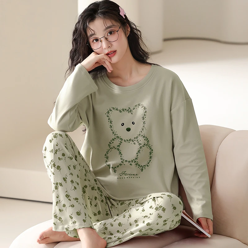 卡之恋长袖睡衣女春秋季纯棉2025年春款清新绿小碎花长裤家居服