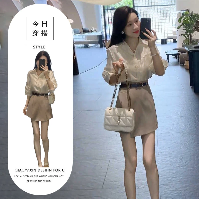 T256686+T256687夏季轻熟盐系高级感气质百搭衬衫西装短裤裙套装
