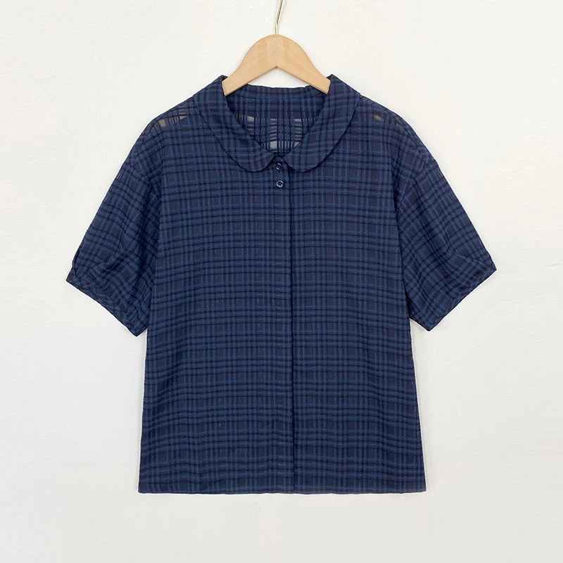 2025新款棉质暗纹格微透暗格子纱感短袖衬衫女透气凉爽百搭宽松