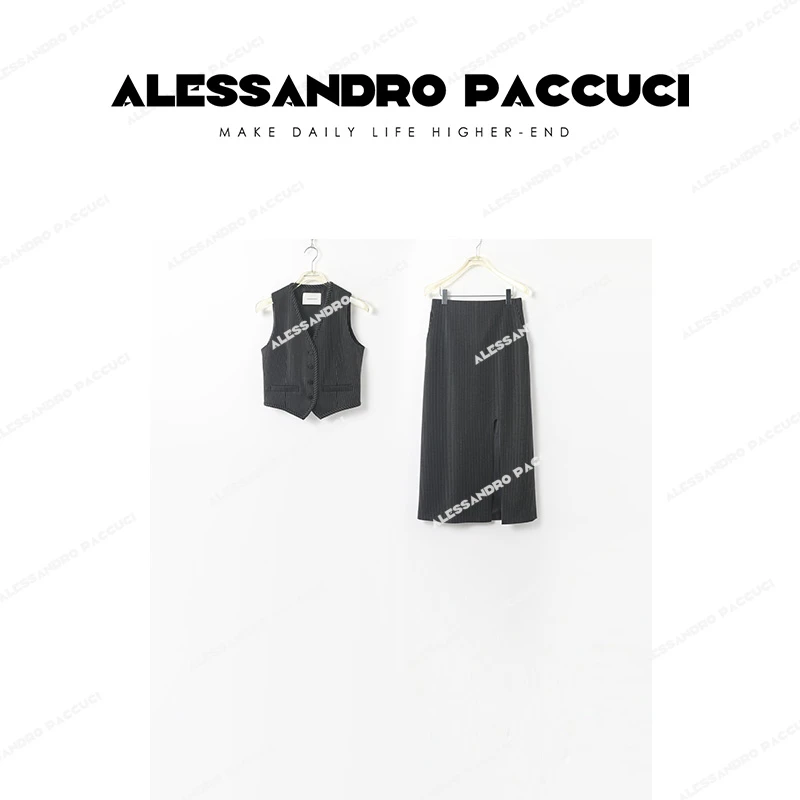 AP洛哥25973X【风格回归】复古老钱条纹单排扣马甲/前开叉高腰半裙