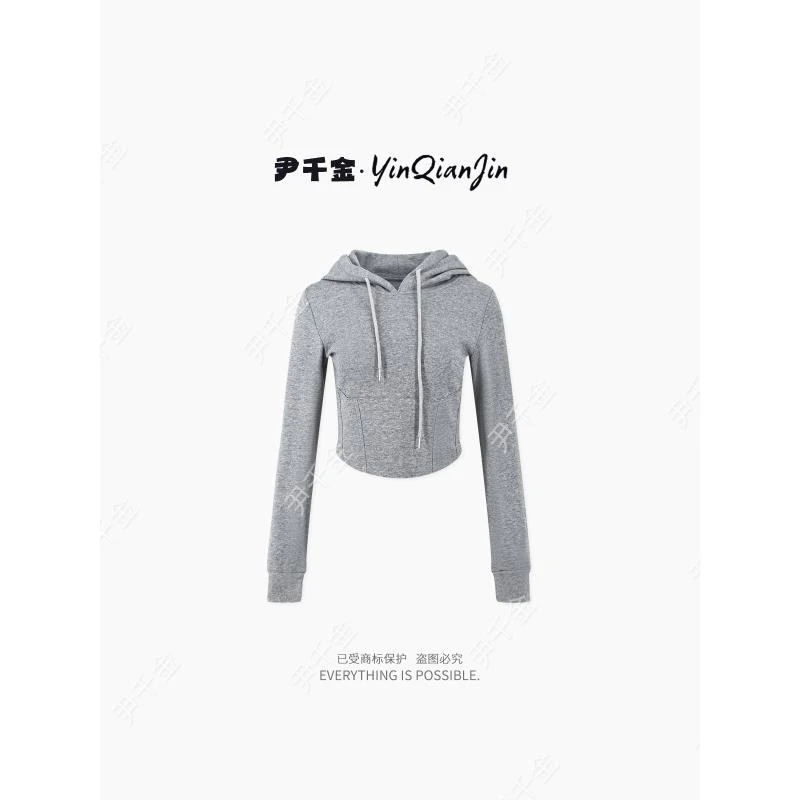 *尹千金*【Lisa卫衣】初秋灰色女连帽卫衣正肩长袖短款显瘦823235