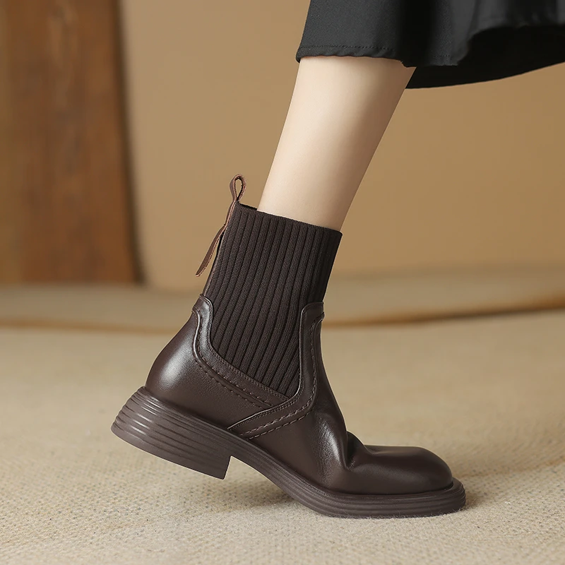 2024秋冬季新款跟高粗跟针织切尔西靴女中跟圆头真皮短靴女