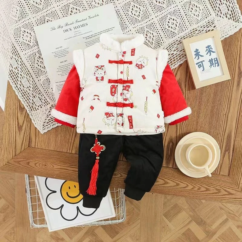 冬季小童加厚中国风拜年服男女童宝宝大红厚棉新年装