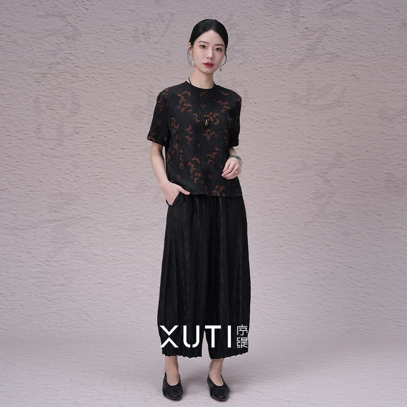 序缇『栖蝶梢』夏季新中式桑蚕丝香云纱短袖t恤女宽松上衣S06-10137