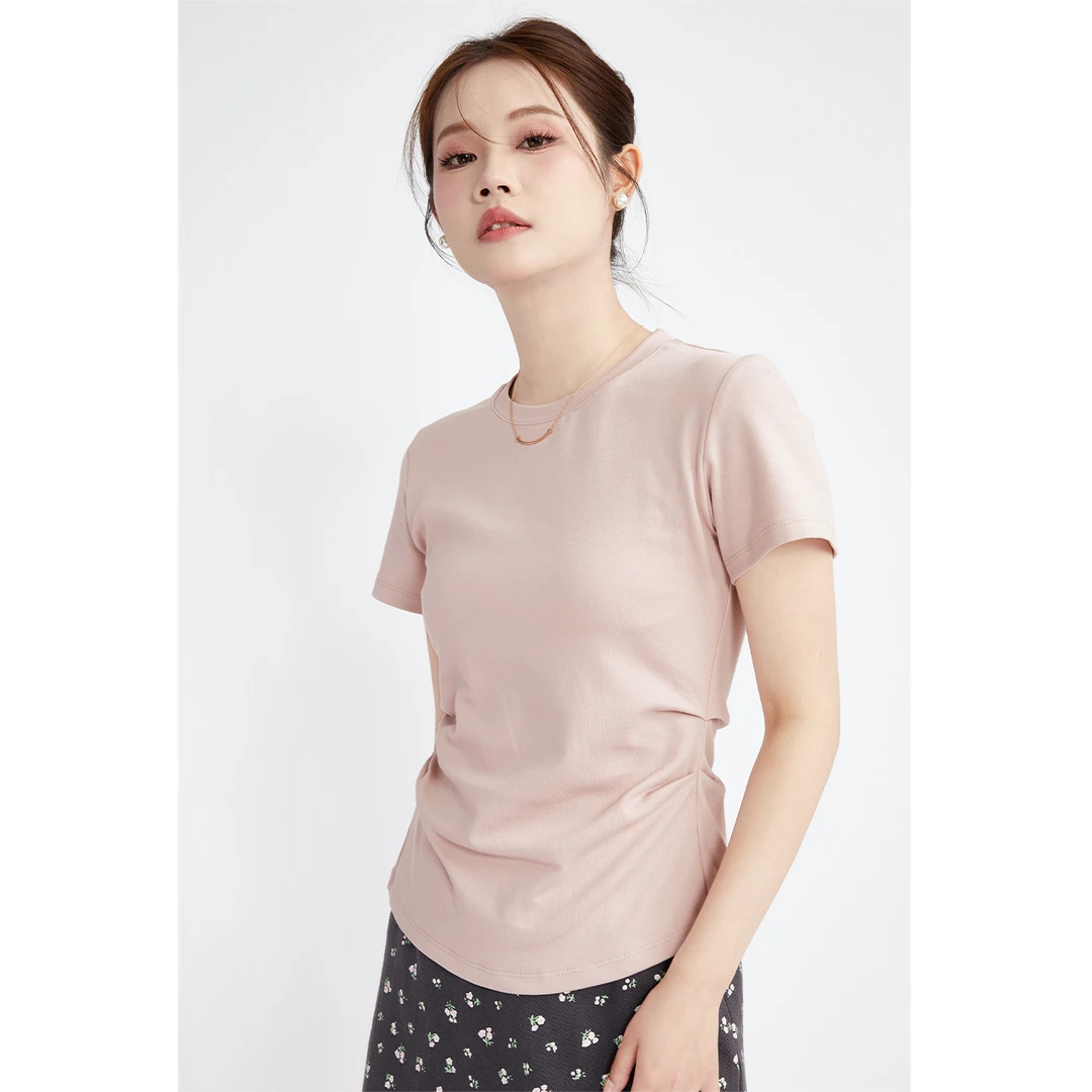 「GUIER」桂儿粉色短袖T恤女修身百搭显瘦短款上衣25200