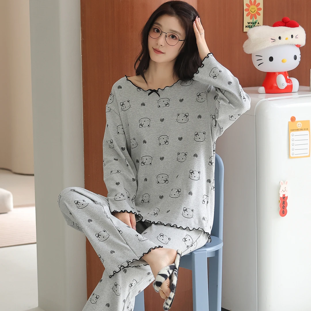 卡之恋睡衣女春秋季新款长袖纯棉可爱满印灰色Kitty萌趣家居服