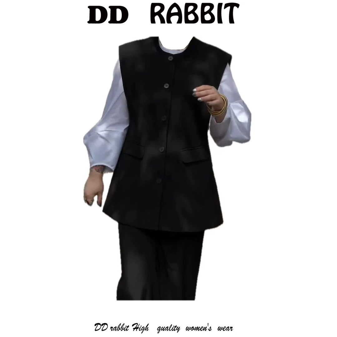 朵朵兔【非黑即白】马甲常规圆领中长款女单排扣马夹女装走秀复古