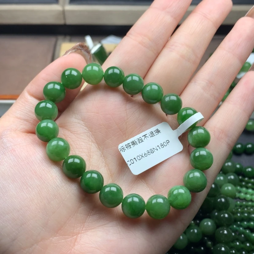 【闪购商品】和田玉（碧玉）手串未镶嵌10m辣阳绿无黑点清货出