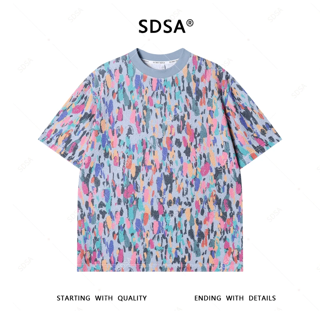 夏季高级感新款男士美式满印不规则色块设计短袖T恤复古百搭上衣